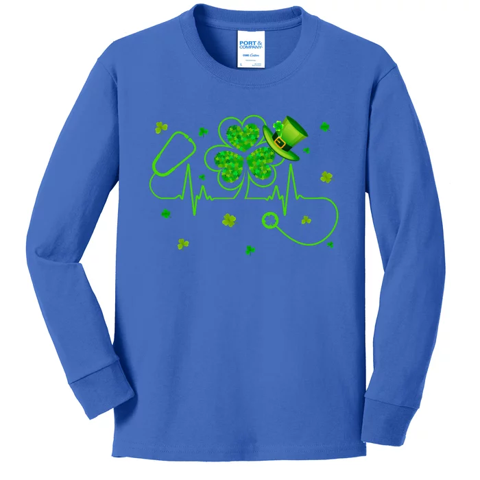 Nurse Stethoscope Heartbeat St Patricks Day Shamrock Nursing Gift Kids Long Sleeve Shirt