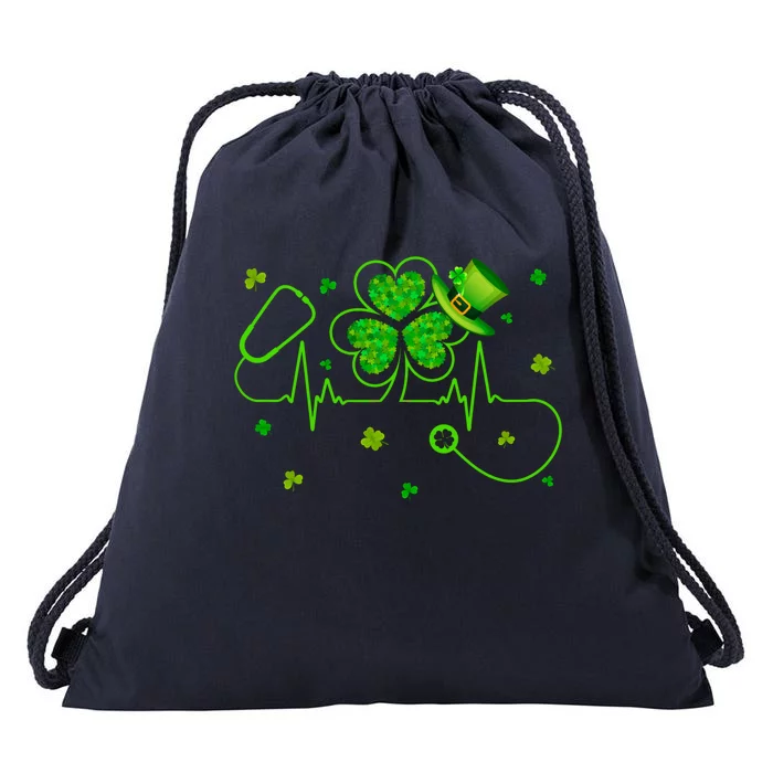 Nurse Stethoscope Heartbeat St Patricks Day Shamrock Nursing Gift Drawstring Bag