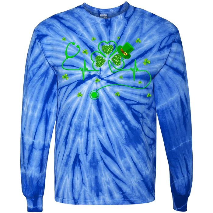 Nurse Shamrock Heartbeat Stethoscope Saint Patricks Day Gift Tie-Dye Long Sleeve Shirt