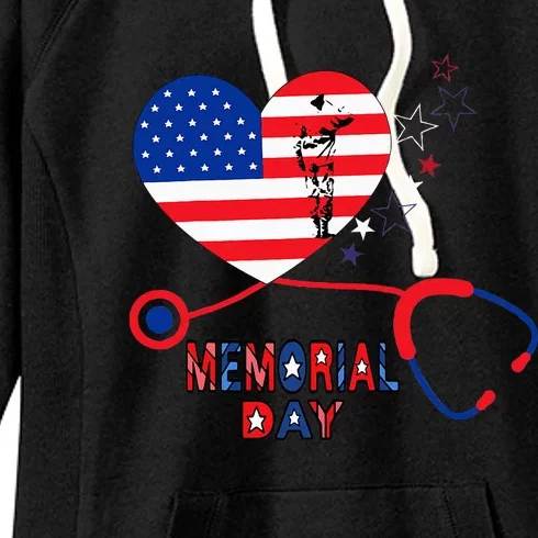 Nurse Stethoscope Heart Patriotic Memorial Day Flag Women's Fleece Hoodie