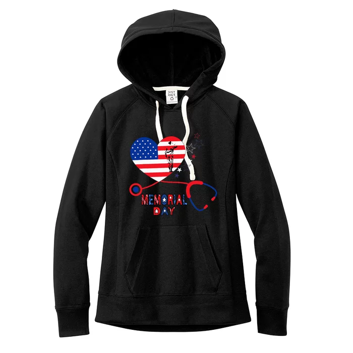 Nurse Stethoscope Heart Patriotic Memorial Day Flag Women's Fleece Hoodie