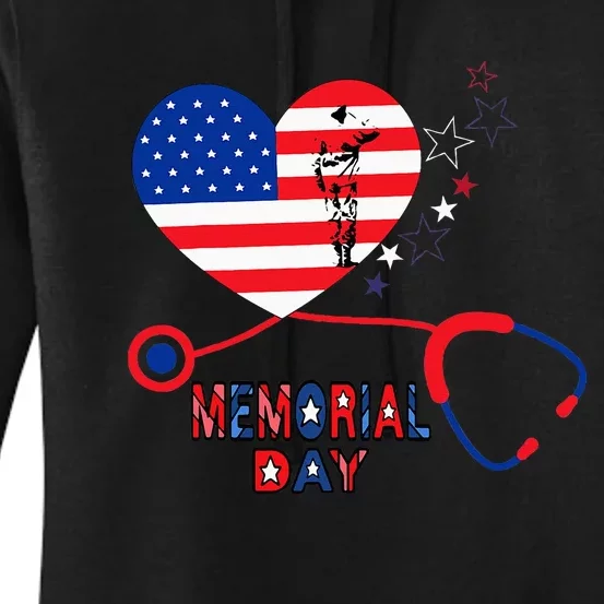 Nurse Stethoscope Heart Patriotic Memorial Day Flag Women's Pullover Hoodie