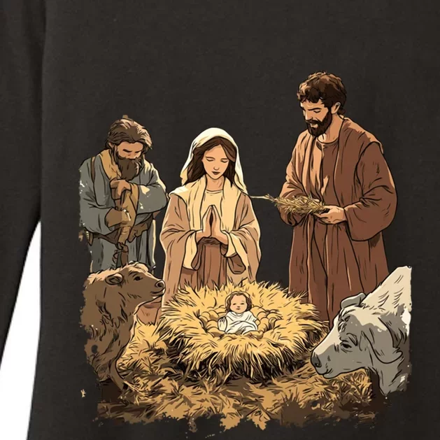 Nativity Scene Illustration Christmas Womens CVC Long Sleeve Shirt