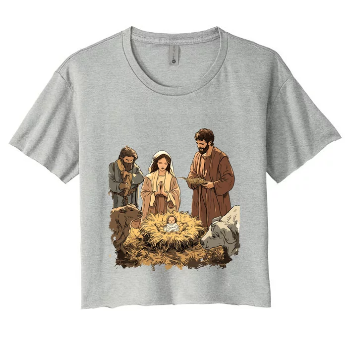 Nativity Scene Illustration Christmas Women's Crop Top Tee