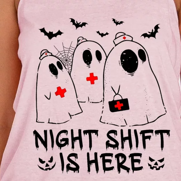 Night Shift Is Here Halloween Spooky Nurse Boo Ghost Squad Cool Gift Women's Knotted Racerback Tank