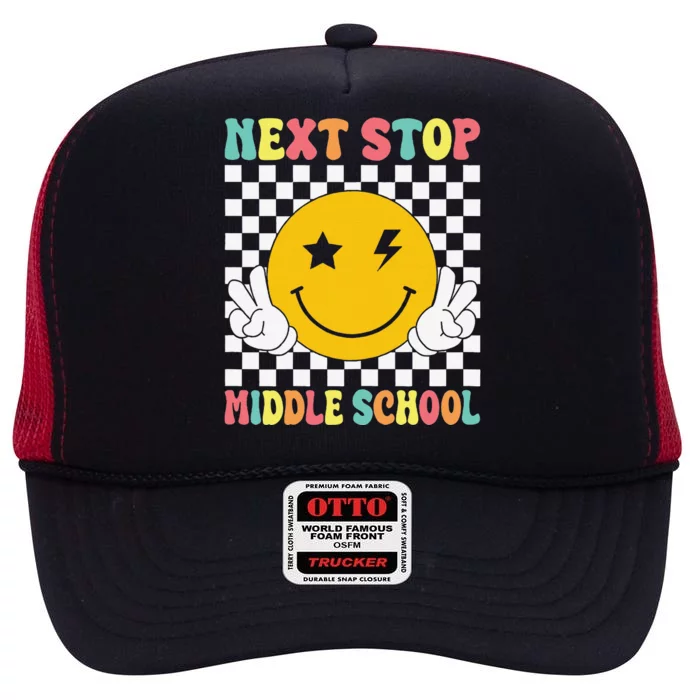 Next Stop Middle School Groovy Elementary School Graduation High Crown Mesh Trucker Hat