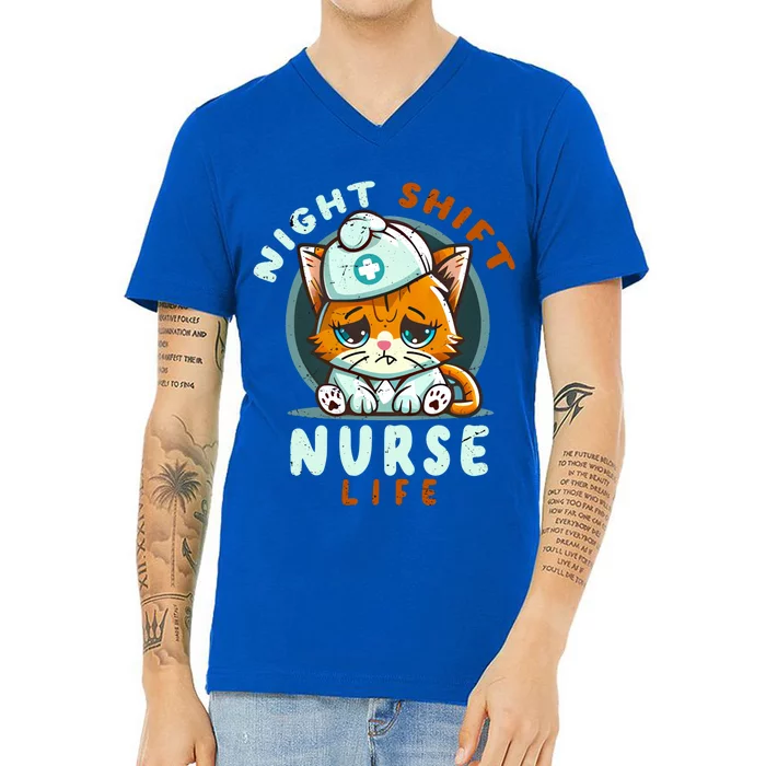 Night Shift Nurse Life Funny Groovy Cat Lover Nurse Tee Cute Gift V-Neck T-Shirt