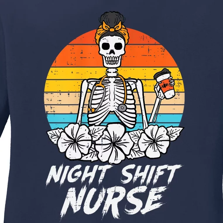 Night Shift Nurse Skeleton Retro Halloween Scrub Top Wo Ladies Long Sleeve Shirt