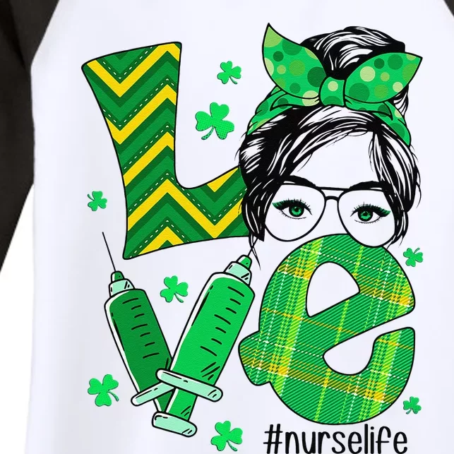 Nurse Saint Patrick's Day Shamrock Love Nurse Life Messy Bun Women's Tri-Blend 3/4-Sleeve Raglan Shirt