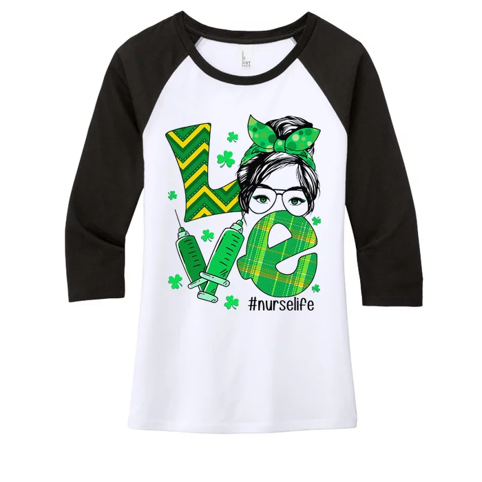 Nurse Saint Patrick's Day Shamrock Love Nurse Life Messy Bun Women's Tri-Blend 3/4-Sleeve Raglan Shirt