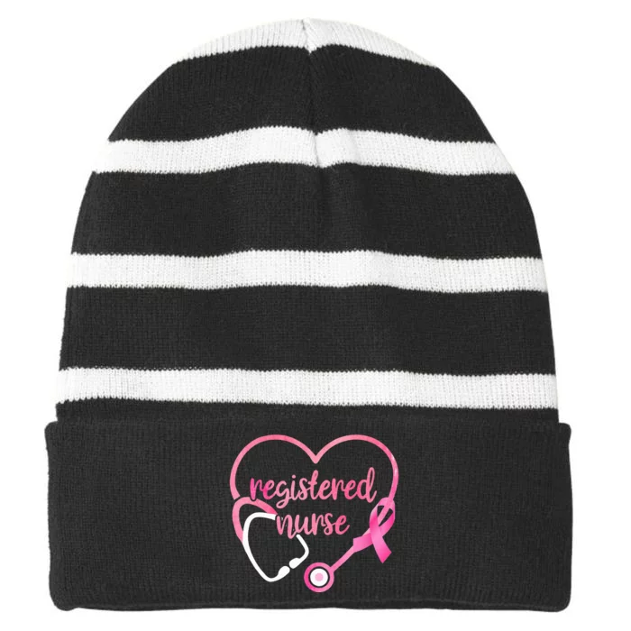 Nurse Support Pink Ribbon Breast Cancer Awareness Striped Beanie with Solid Band