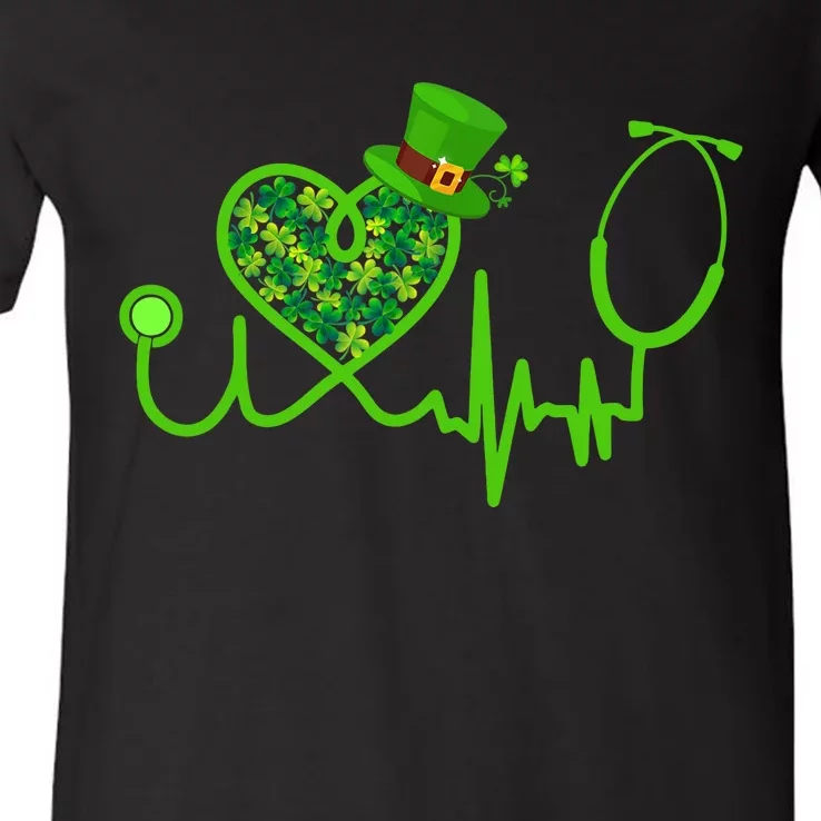 Nurse St Patricks Day Stethoscope Heartbeat Clover V-Neck T-Shirt