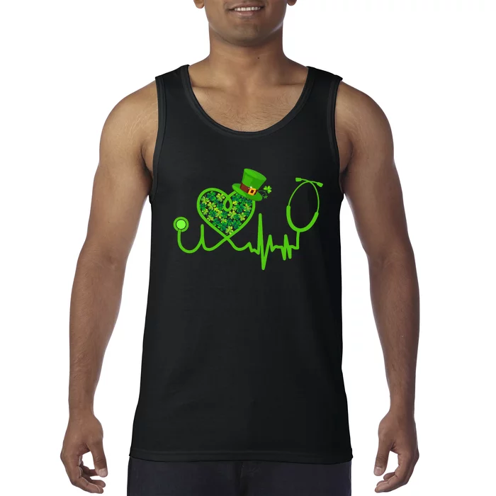 Nurse St Patricks Day Stethoscope Heartbeat Clover Tank Top