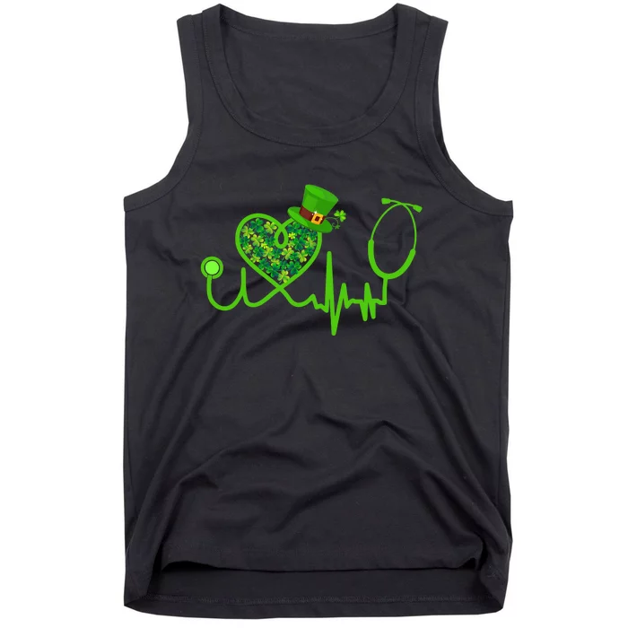 Nurse St Patricks Day Stethoscope Heartbeat Clover Tank Top