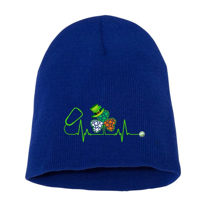 Nurse St Patricks Day Stethoscope Heartbeat Shamrock Nursing Gift Short Acrylic Beanie