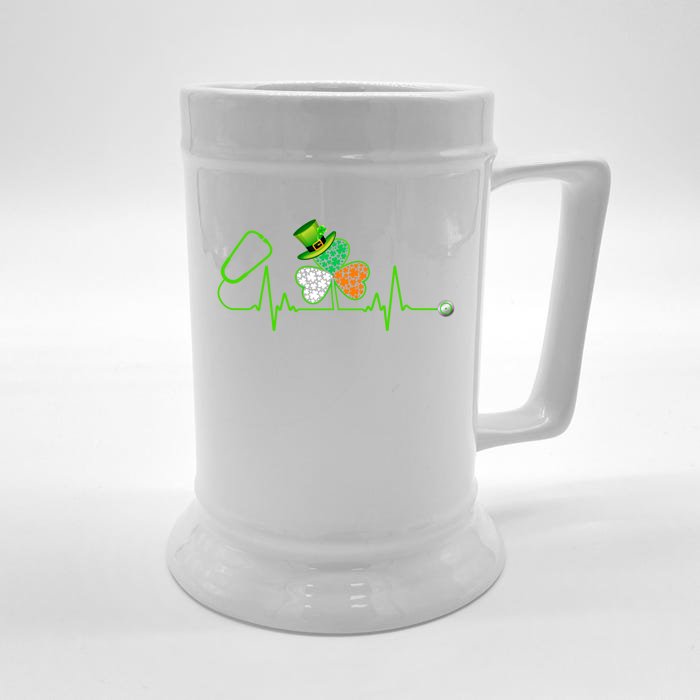 Nurse St Patricks Day Stethoscope Heartbeat Shamrock Nursing Gift Front & Back Beer Stein