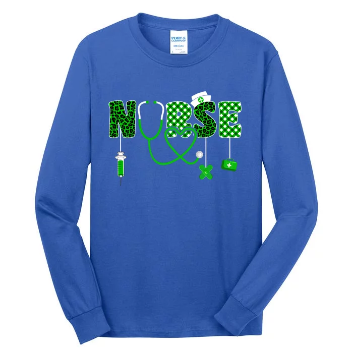 Nurse Saint Patricks Day Stethoscope Shamrock Leopard Irish Cool Gift Tall Long Sleeve T-Shirt