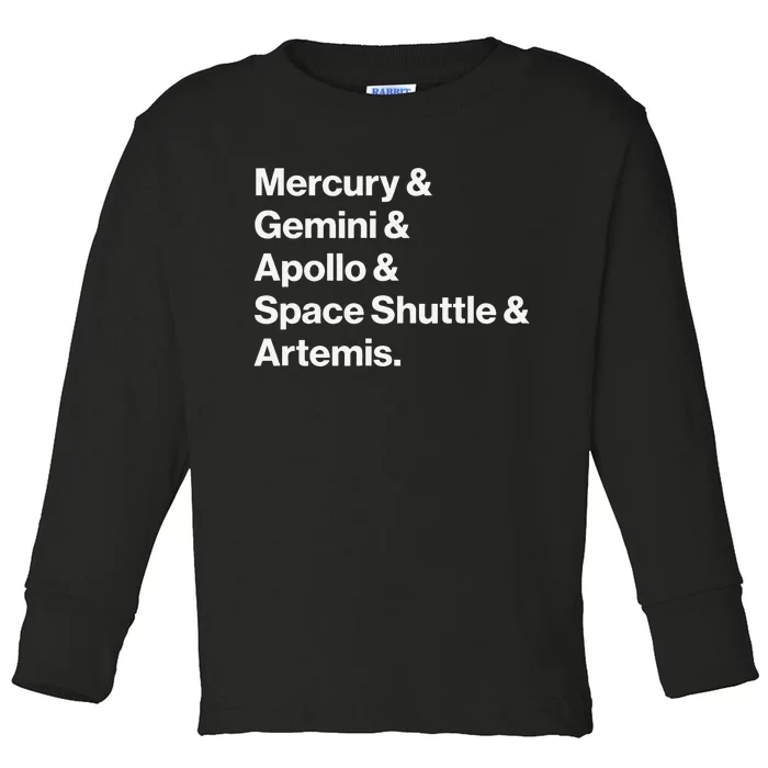 NASA Space Programs Mercury Gemini Apollo Shuttle Artemis Toddler Long Sleeve Shirt