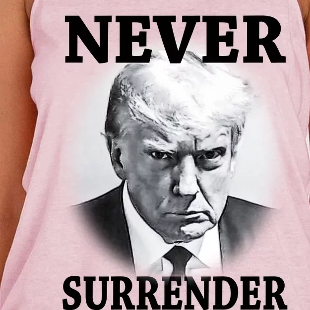 Never Surrender President Trump Mugshot Women's Knotted Racerback Tank