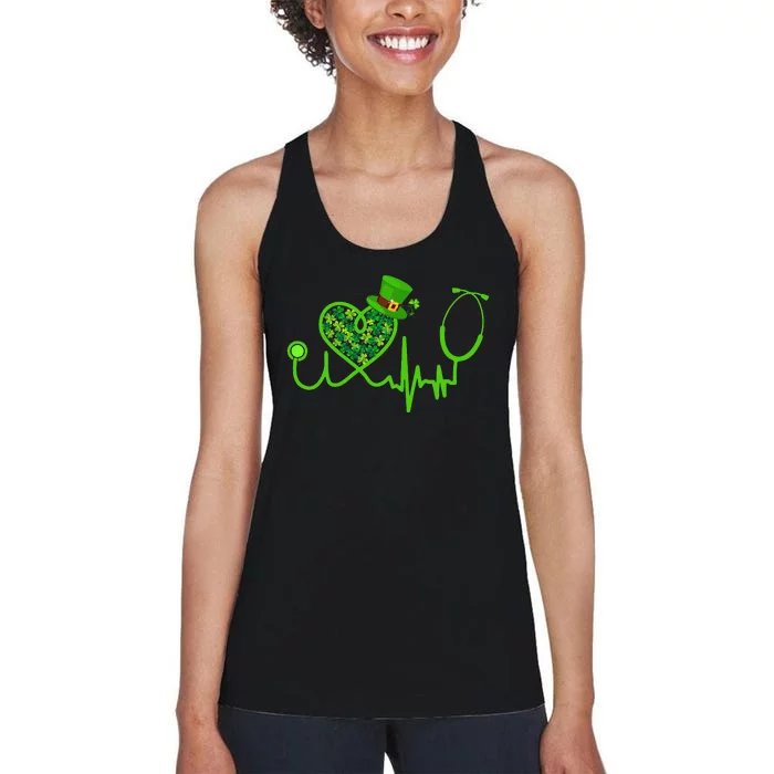 Nurse St Patricks Day Stethoscope Heartbeat Clover Women's Racerback Tank