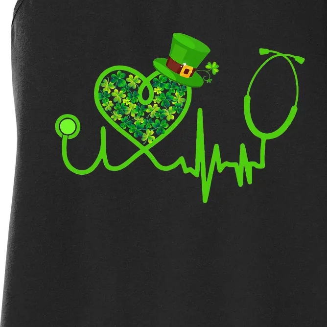 Nurse St Patricks Day Stethoscope Heartbeat Clover Women's Racerback Tank