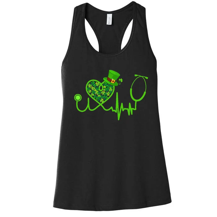 Nurse St Patricks Day Stethoscope Heartbeat Clover Women's Racerback Tank