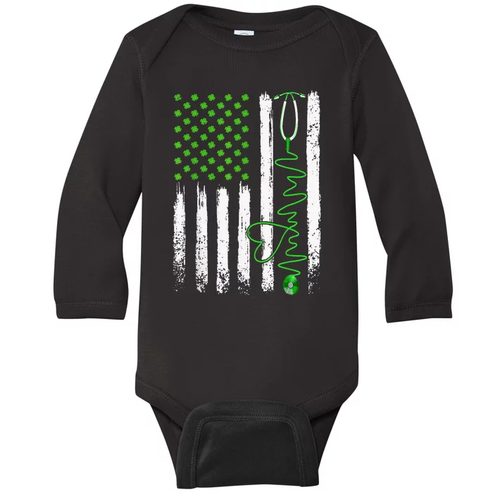 Nurse St Patrick's Day Nurse Irish American Flag Baby Long Sleeve Bodysuit