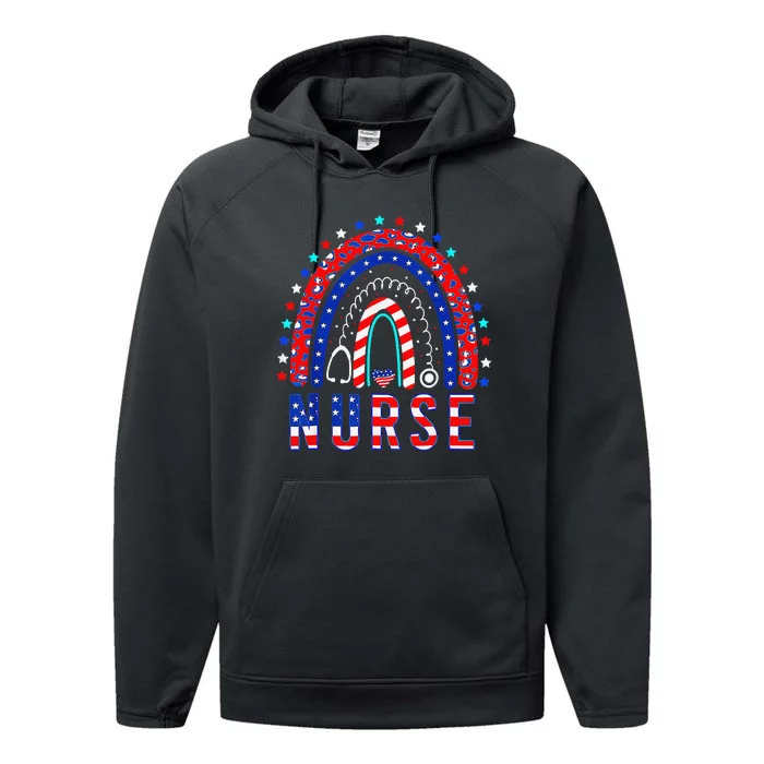 Nurse Stethoscope Rainbow Memorial Day 4th Of July Nursing Performance Fleece Hoodie