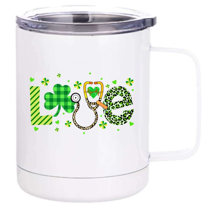 Nurse Shamrock St Patricks Day Leopard Stethoscope Nursing Funny Gift Front & Back 12oz Stainless Steel Tumbler Cup