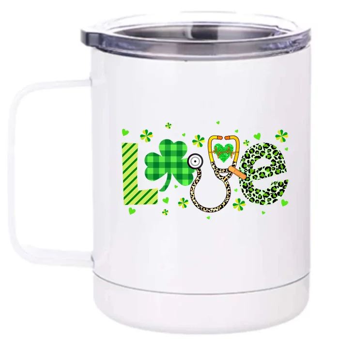 Nurse Shamrock St Patricks Day Leopard Stethoscope Nursing Funny Gift Front & Back 12oz Stainless Steel Tumbler Cup