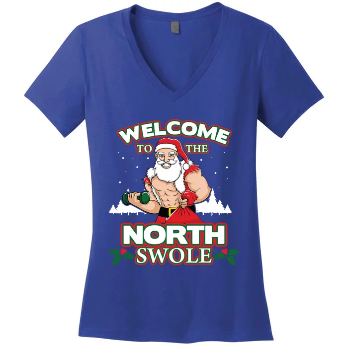 North Swole Santa Claus Weight Lifting Christmas Gym Workout Gift Women's V-Neck T-Shirt