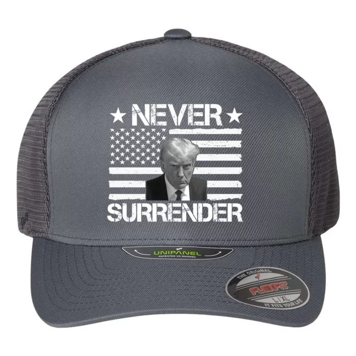 Never Surrender Trump American Flag Flexfit Unipanel Trucker Cap