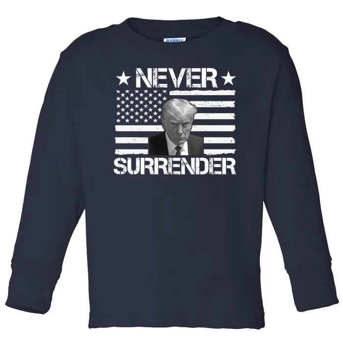 Never Surrender Trump American Flag Toddler Long Sleeve Shirt