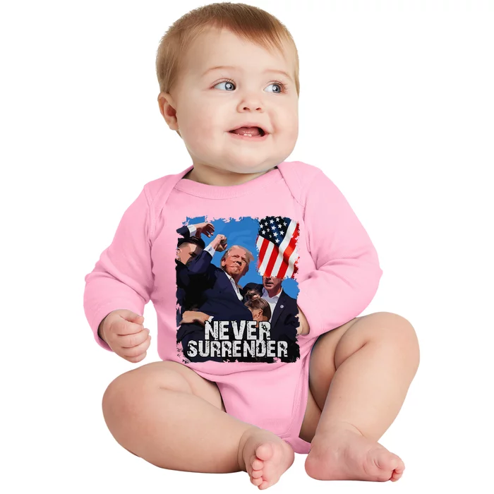 Never Surrender Trump Rushed Offstage With Blood Shooting Baby Long Sleeve Bodysuit