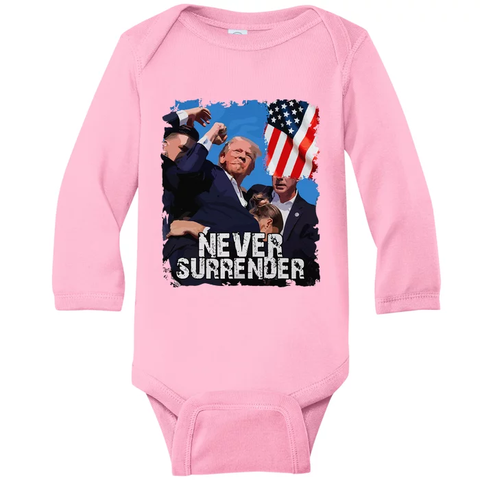 Never Surrender Trump Rushed Offstage With Blood Shooting Baby Long Sleeve Bodysuit