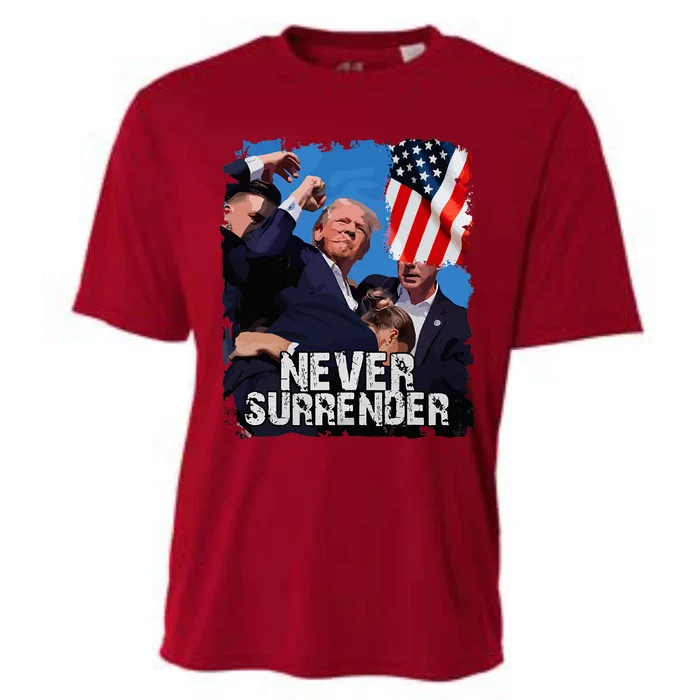 Never Surrender Trump Rushed Offstage With Blood Shooting Cooling Performance Crew T-Shirt