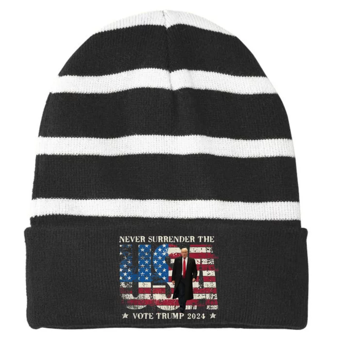 Never Surrender The USA Grunge Vote Trump 2024 Striped Beanie with Solid Band