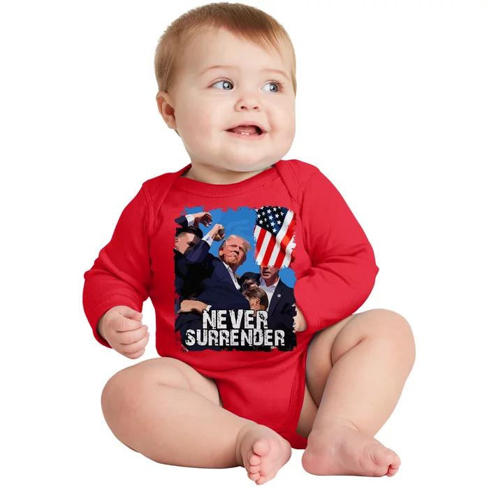 Never Surrender Trump Rushed Offstage With Blood Shooting Baby Long Sleeve Bodysuit