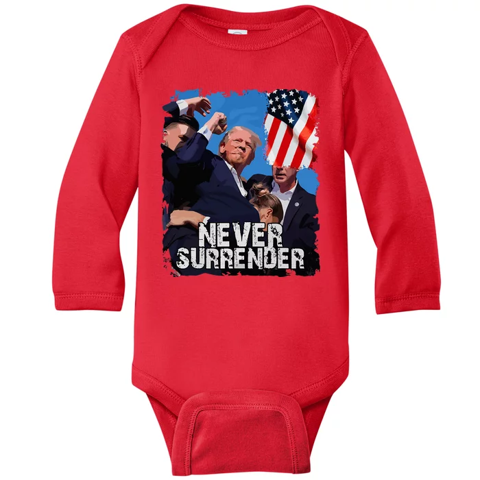 Never Surrender Trump Rushed Offstage With Blood Shooting Baby Long Sleeve Bodysuit