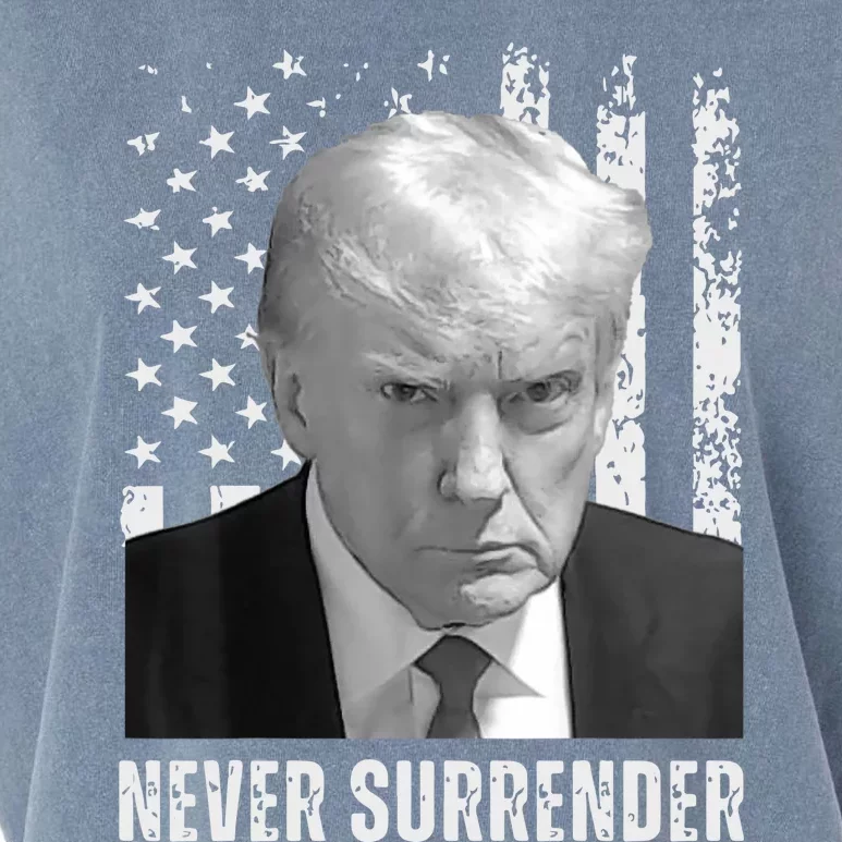 Never Surrender Trump Mugshot Garment-Dyed Women's Muscle Tee