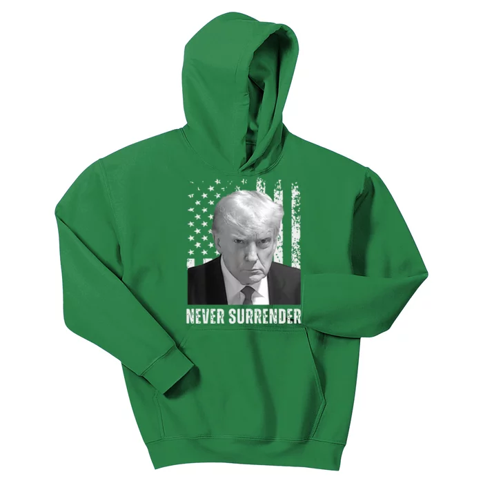 Never Surrender Trump Mugshot Kids Hoodie