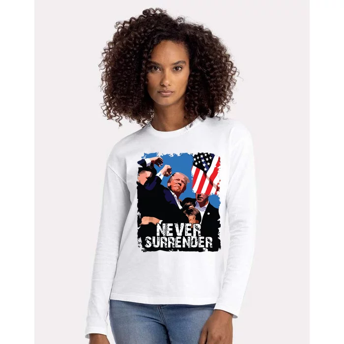 Never Surrender Trump Rushed Offstage With Blood Shooting Womens Cotton Relaxed Long Sleeve T-Shirt