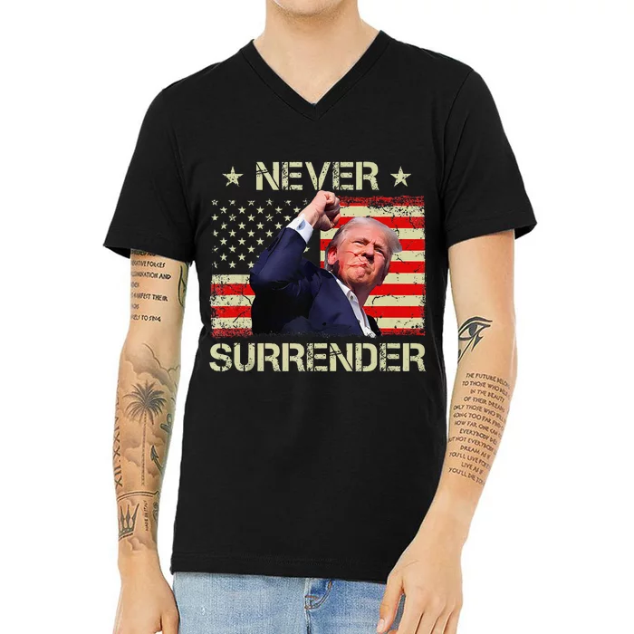 Never Surrender Trump 2024 Survived Shot Fight For America V-Neck T-Shirt