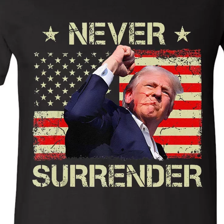 Never Surrender Trump 2024 Survived Shot Fight For America V-Neck T-Shirt