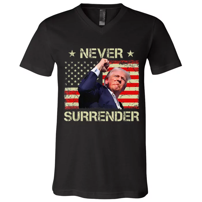 Never Surrender Trump 2024 Survived Shot Fight For America V-Neck T-Shirt