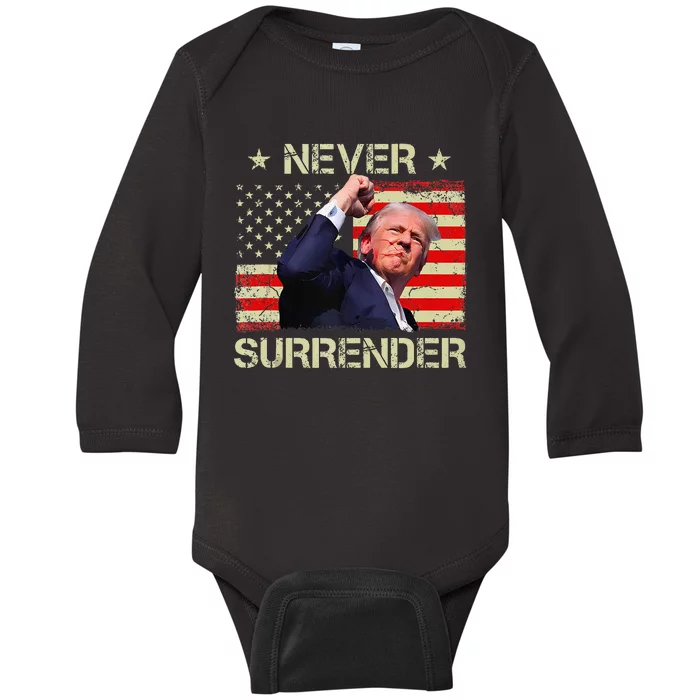 Never Surrender Trump 2024 Survived Shot Fight For America Baby Long Sleeve Bodysuit