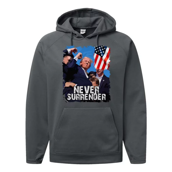 Never Surrender Trump Rushed Offstage With Blood Shooting Performance Fleece Hoodie