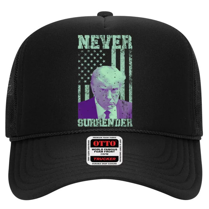 Never Surrender Trump Mugshot High Crown Mesh Trucker Hat