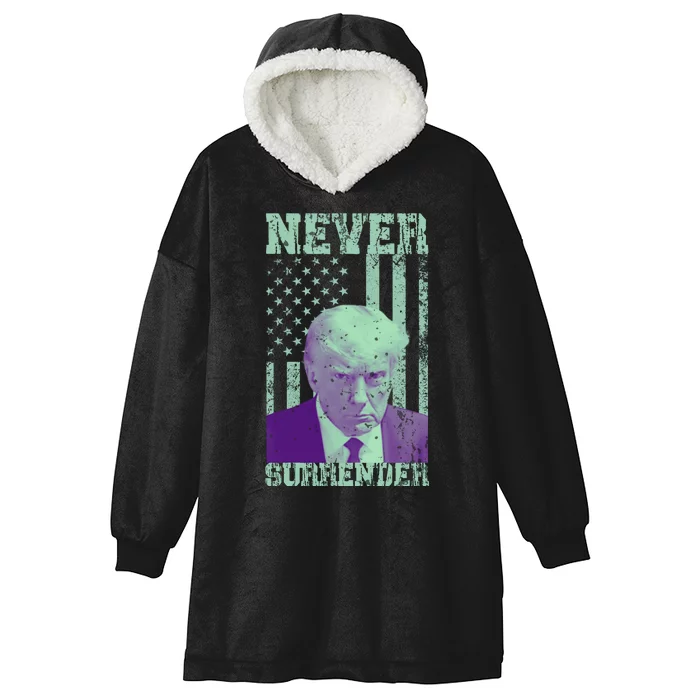 Never Surrender Trump Mugshot Hooded Wearable Blanket