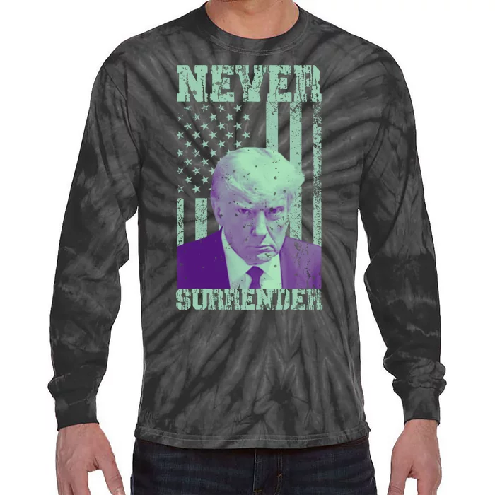 Never Surrender Trump Mugshot Tie-Dye Long Sleeve Shirt